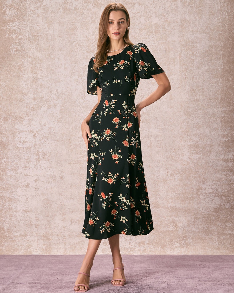The Black Round Neck Floral Maxi Dress Dresses - RIHOAS