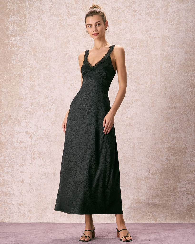 The Black V-Neck Lace Jacquard Maxi Dress Black Dresses - RIHOAS