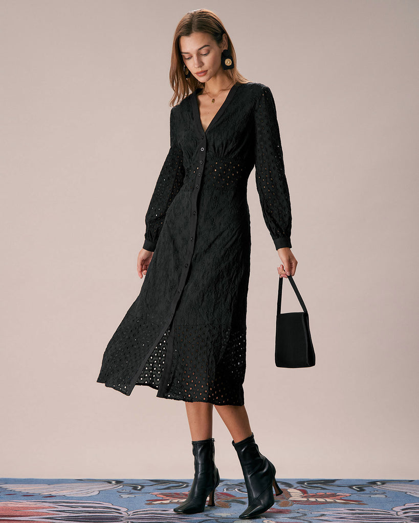 The Black V Neck Embroidery Midi Dress Dresses - RIHOAS