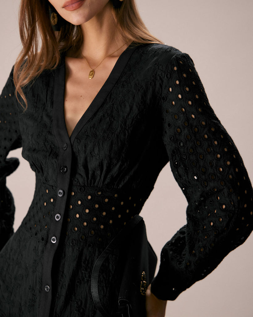 The Black V Neck Embroidery Midi Dress Dresses - RIHOAS