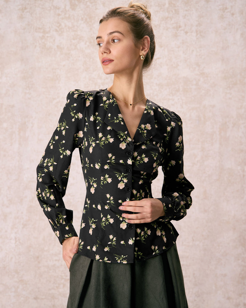 The Black V Neck Floral Button Shirt Tops - RIHOAS