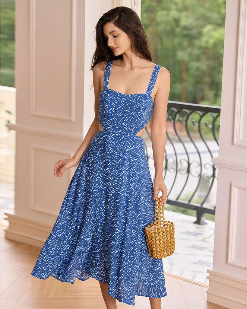 The Blue Polka Dot Cut Out Midi Dress Blue Dresses - RIHOAS