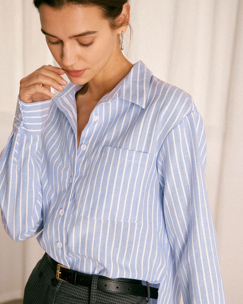 The Blue Striped Long Sleeve Shirt Tops - RIHOAS