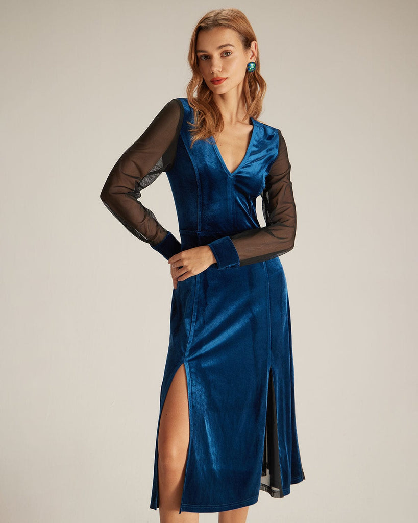 The Blue V Neck Velvet Mesh Midi Dress Blue Dresses - RIHOAS