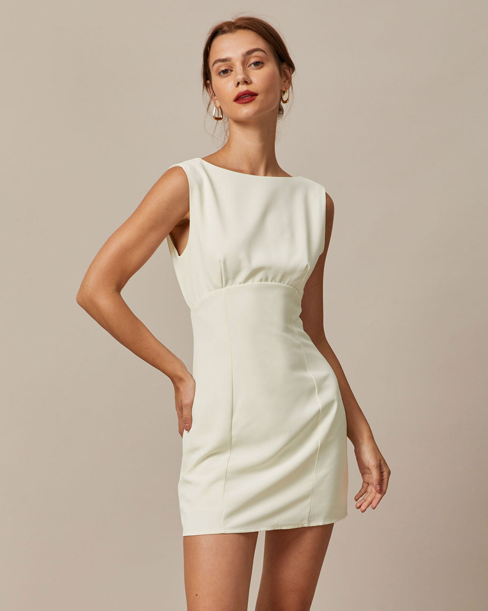 The Beige Boat Neck Back Bowknot Mini Dress & Reviews - Beige - Dresses | RIHOAS The Beige Boat Neck Back Bowknot Mini Dress & Reviews - Beige - Dresses | RIHOAS