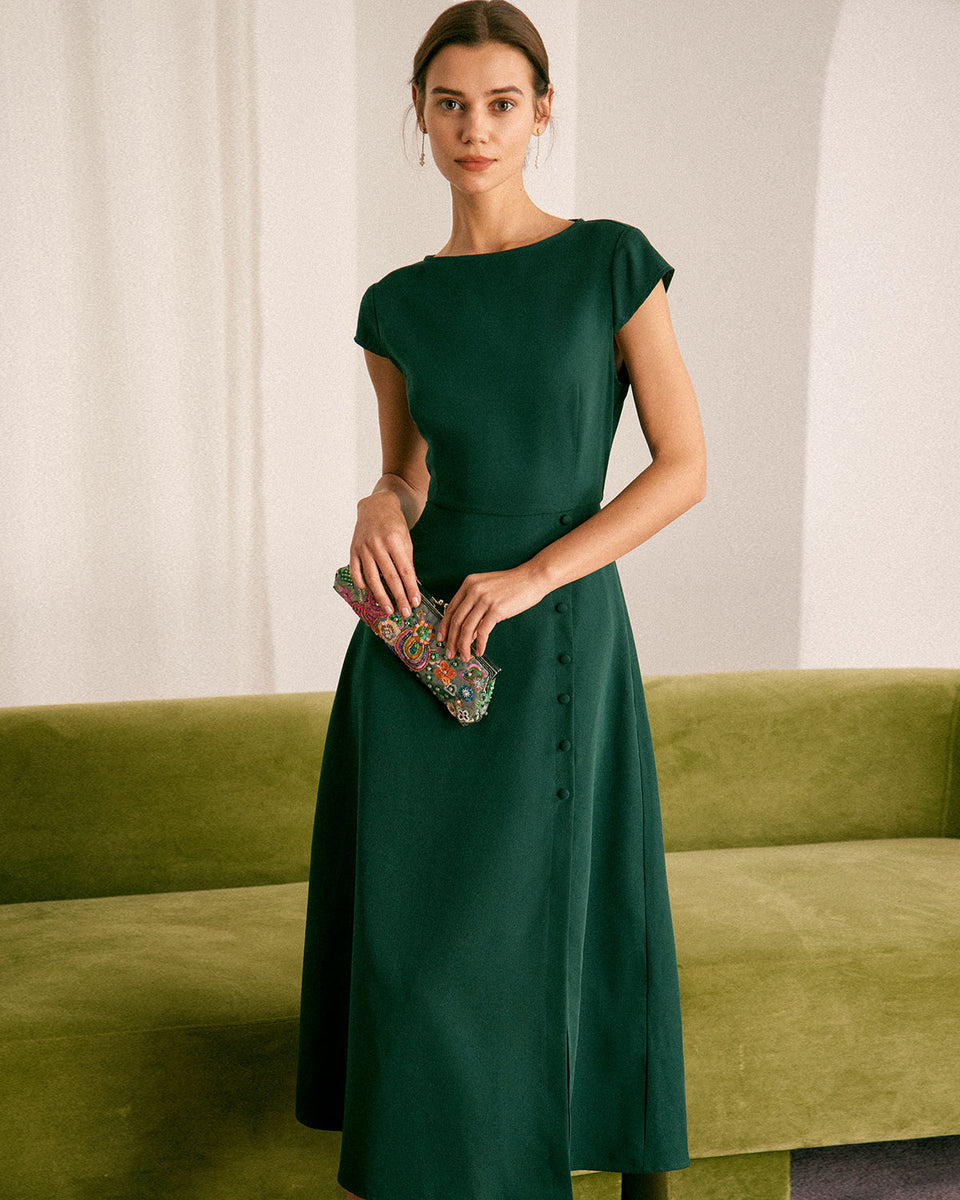 The Green Boat Neck Cutout Back Midi Dress & Reviews - Green - Dresses | RIHOAS The Green Boat Neck Cutout Back Midi Dress & Reviews - Green - Dresses | RIHOAS
