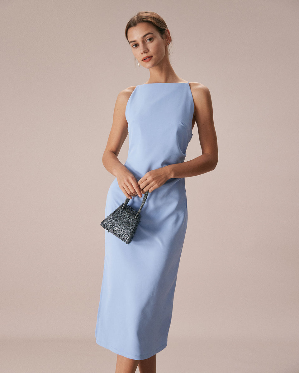 The Blue Boat Neck Bodycon Strap Midi Dress & Reviews - Blue - Dresses | RIHOAS