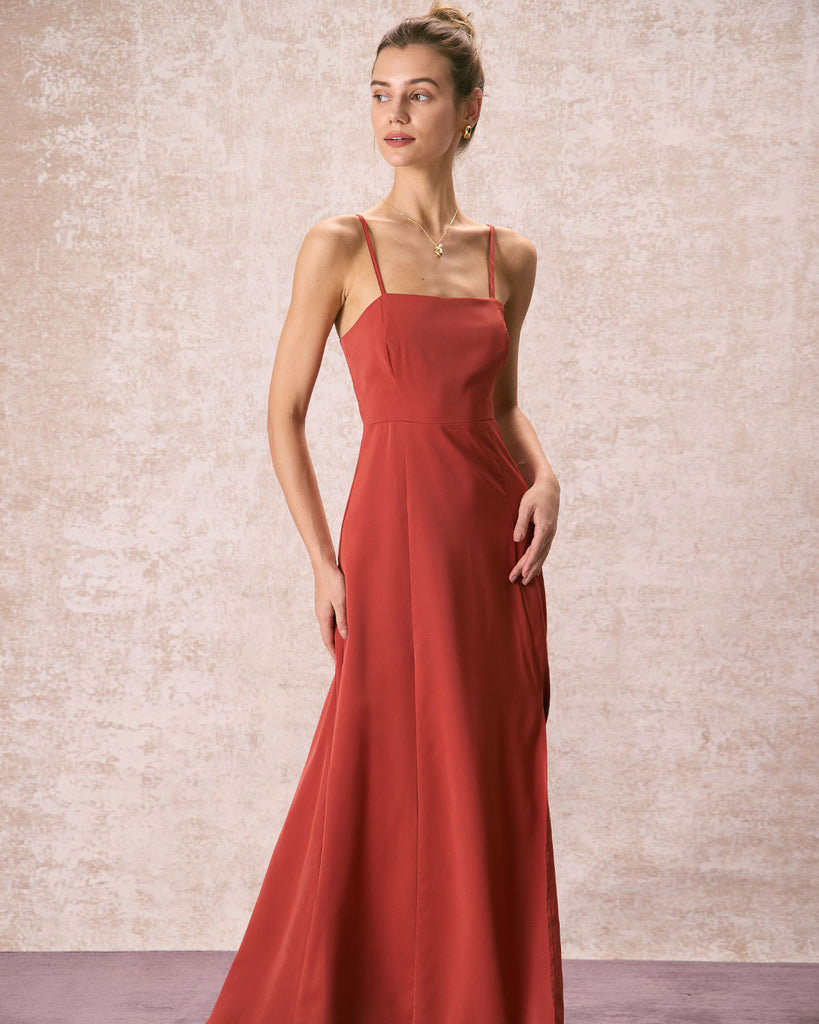 The Brick Red Split Slip Maxi Dress Dresses - RIHOAS