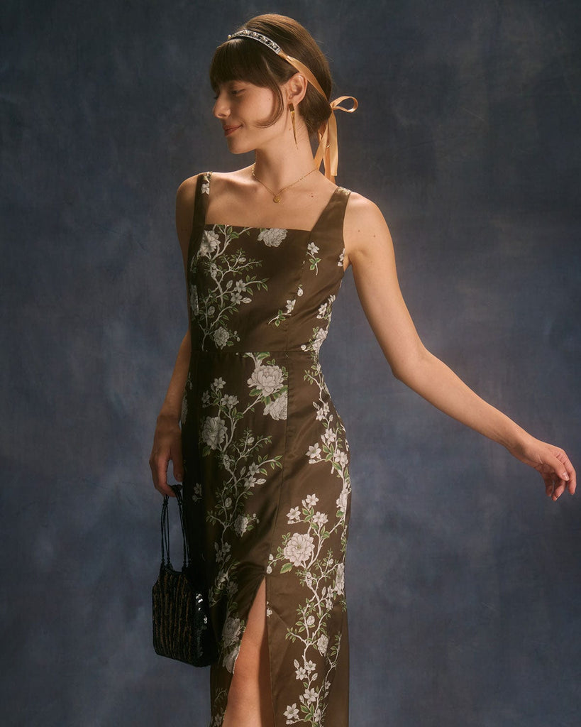 The Brown Floral Satin Maxi Dress Brown Dresses - RIHOAS