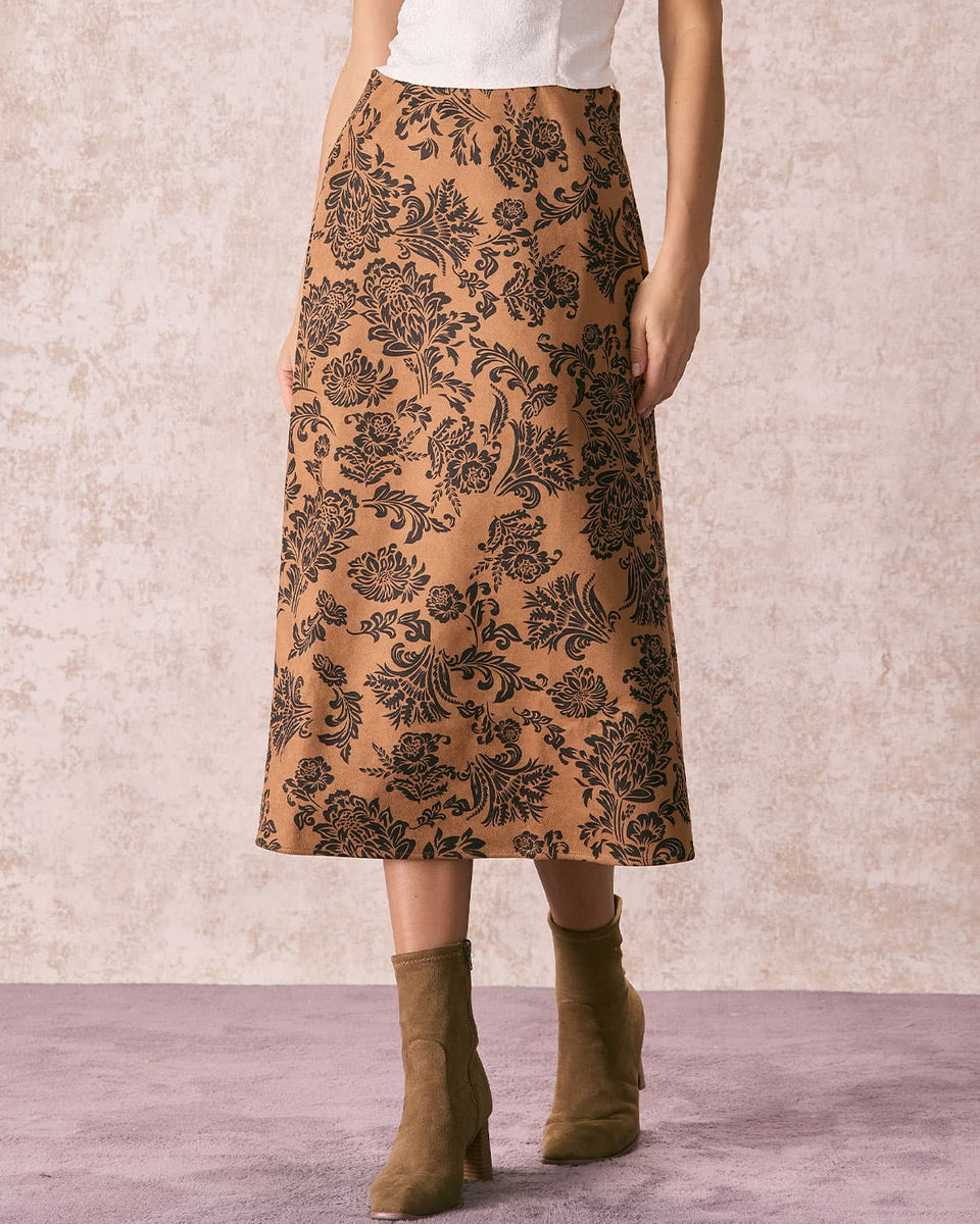 Floral midi skirt brown outlet