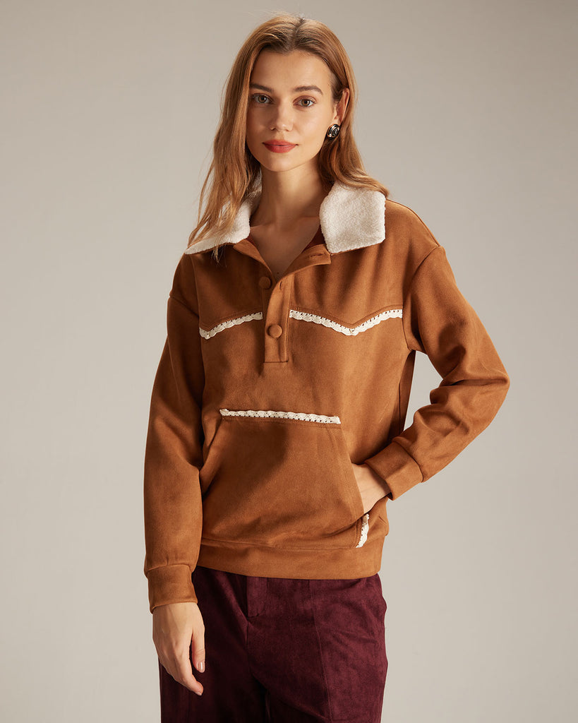 The Brown Half Button Suede Sweatshirt Brown Tops - RIHOAS