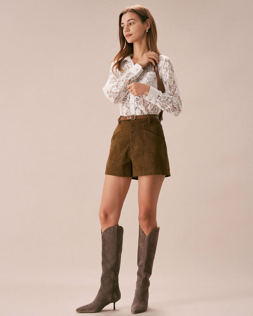 The Brown High Waisted Solid Corduroy Shorts Bottoms - RIHOAS