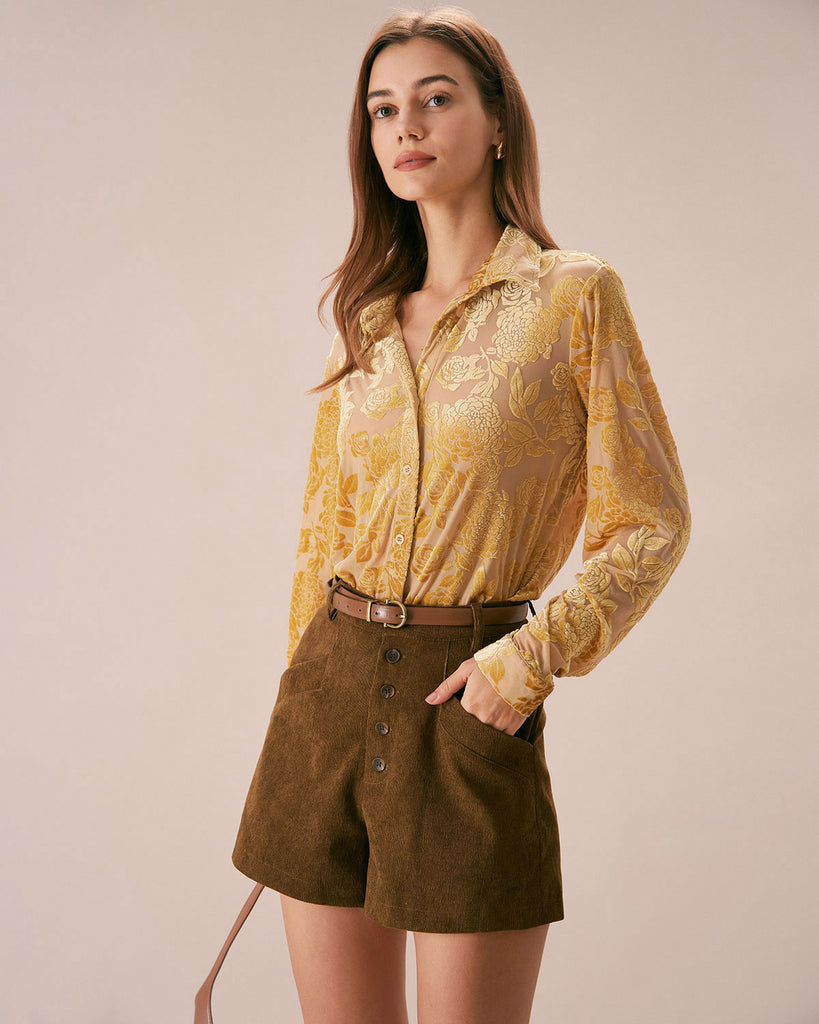 The Brown High Waisted Solid Corduroy Shorts Bottoms - RIHOAS