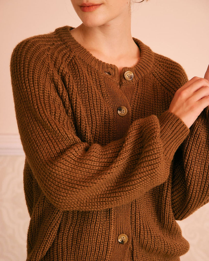 The Brown Round Neck Sweater Cardigan Tops - RIHOAS