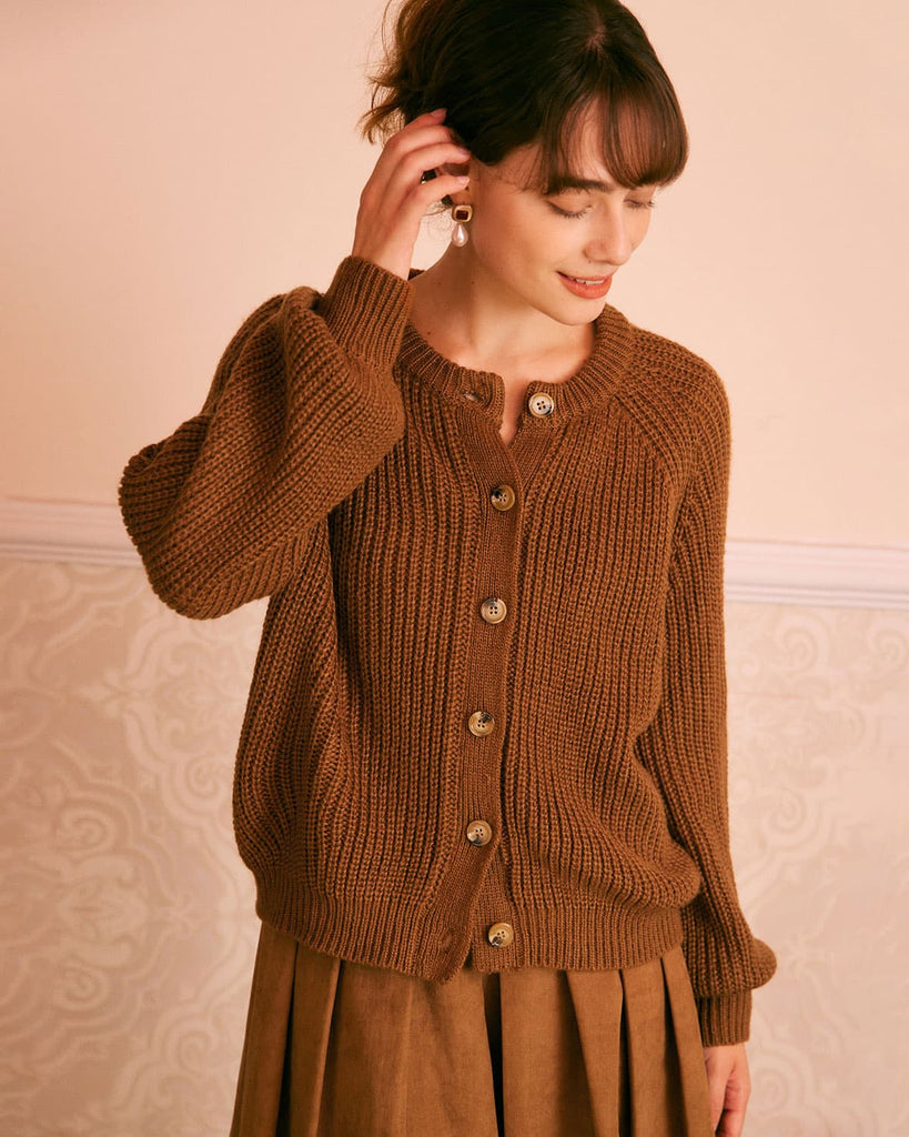 The Brown Round Neck Sweater Cardigan Tops - RIHOAS