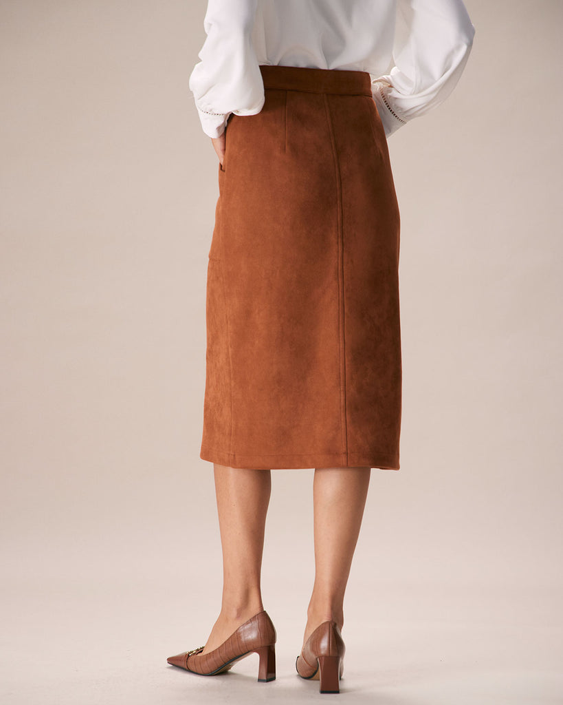 The Brown Single-breasted Suede Midi Skirt Bottoms - RIHOAS
