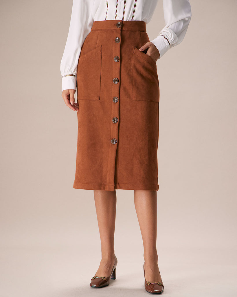 The Brown Single-breasted Suede Midi Skirt Brown Bottoms - RIHOAS