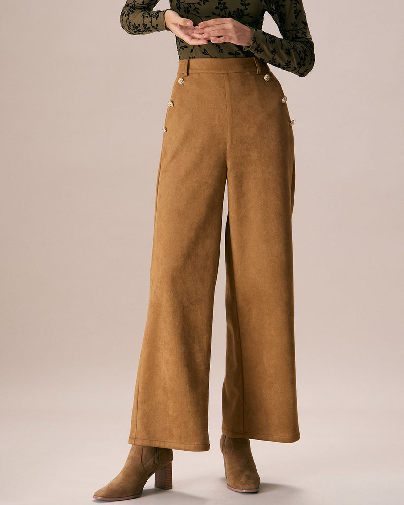 The Brown Suede Button Straight Pants Brown Bottoms - RIHOAS