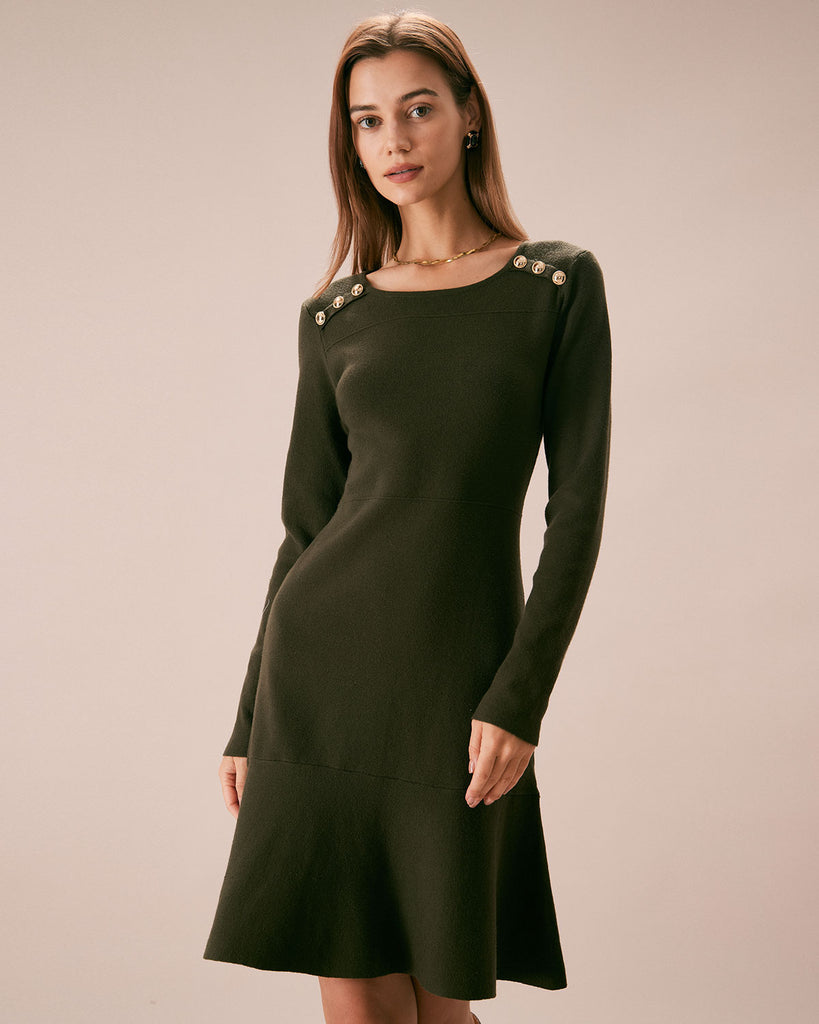 The Button-Shoulder Sweater Dress Army Green Dresses - RIHOAS