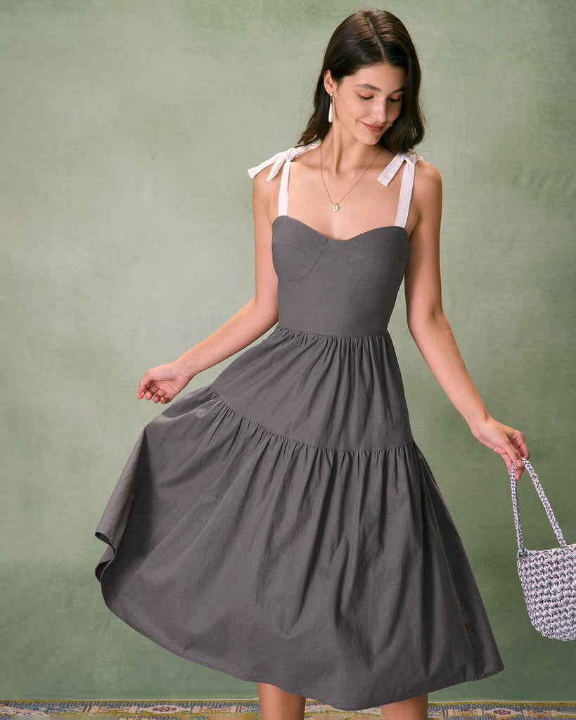 The Contrast Tie Tiered Midi Dress Grey Dresses - RIHOAS