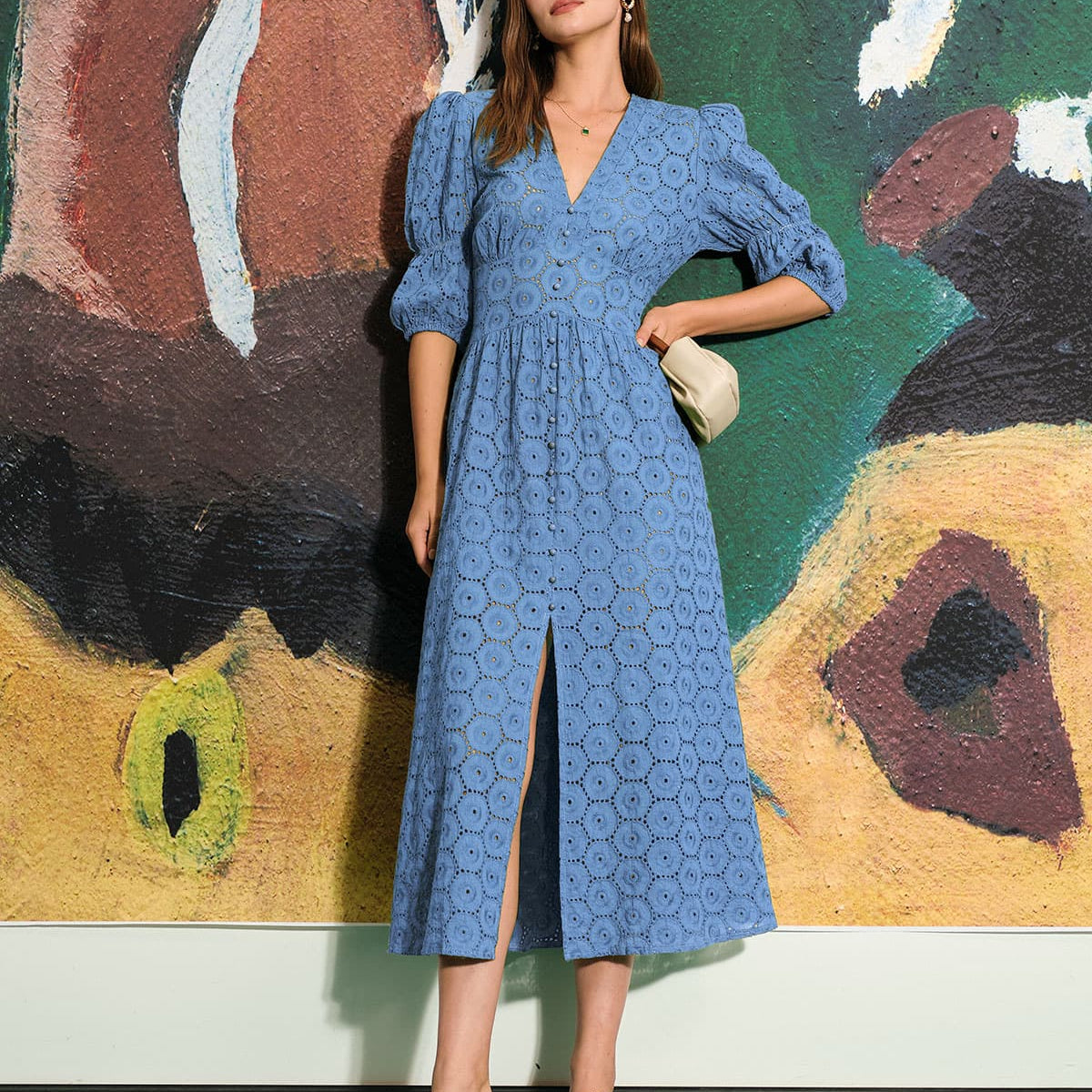 The Blue Puff Sleeve Cutout Slit Maxi Dress - The Blue Puff Sleeve Cutout Slit Maxi Dress - Blue - Dresses
