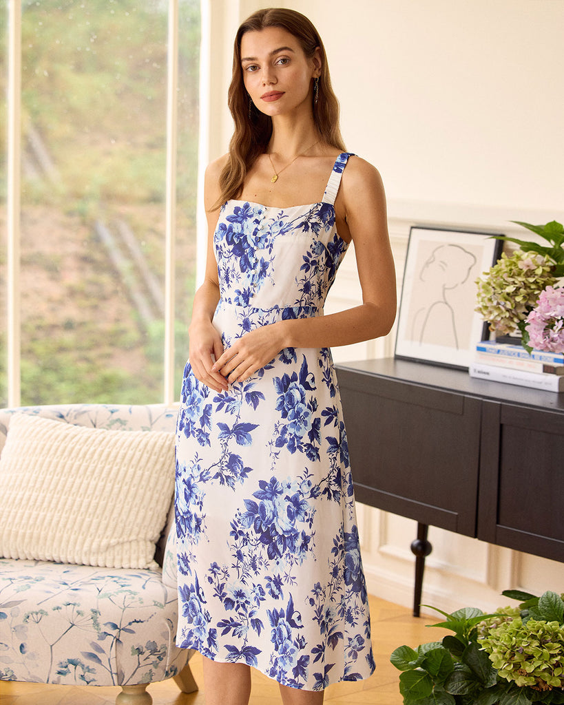 The Elasticized Shoulder Straps Blue Floral Dress Blue Dresses - RIHOAS