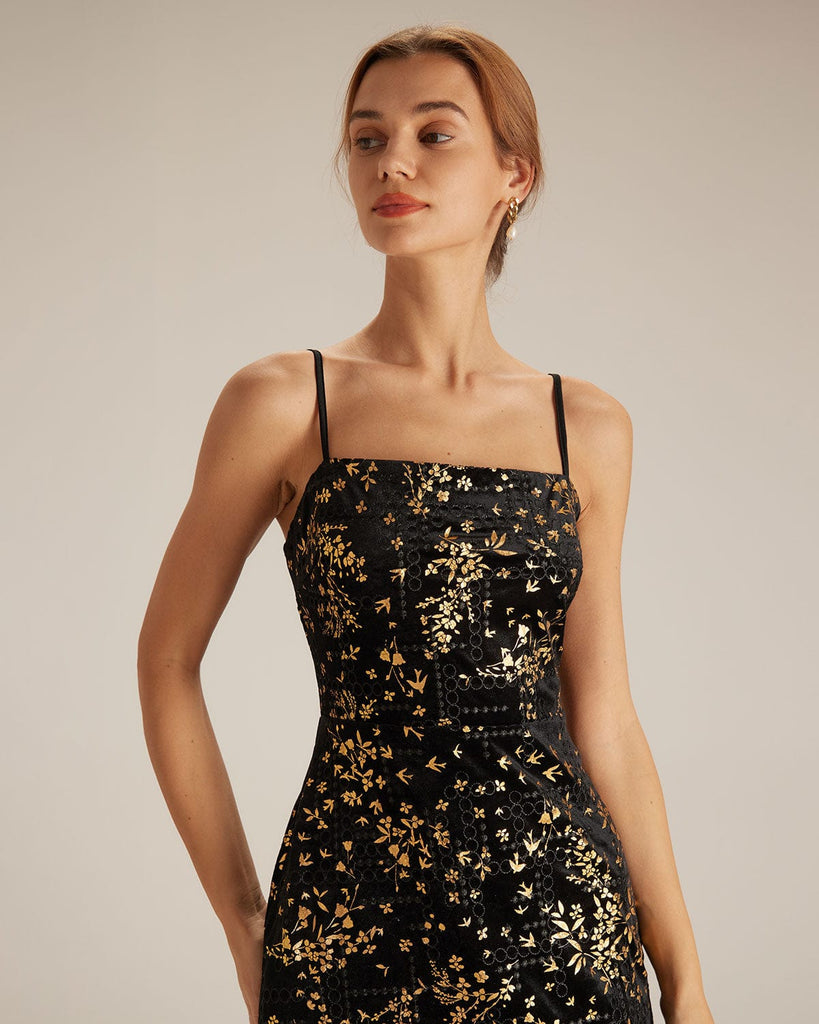 The Gold Floral Velvet Dress Dresses - RIHOAS