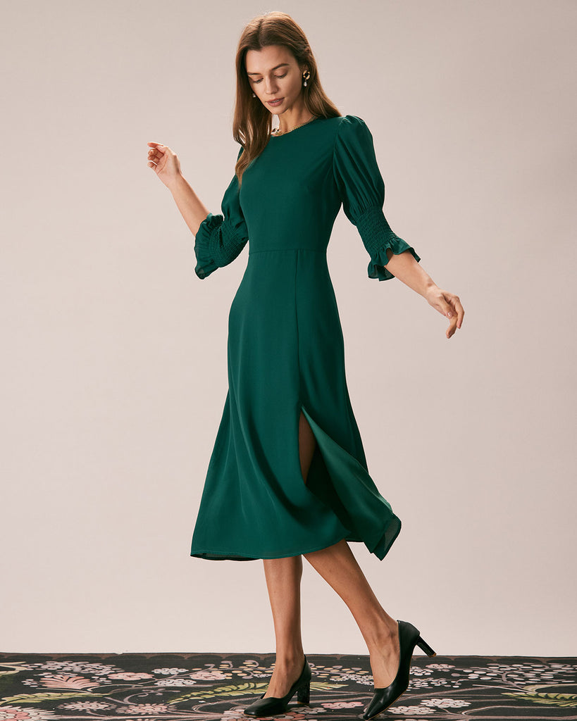 The Green Crew Neck Ruffle Midi Dress Dresses - RIHOAS