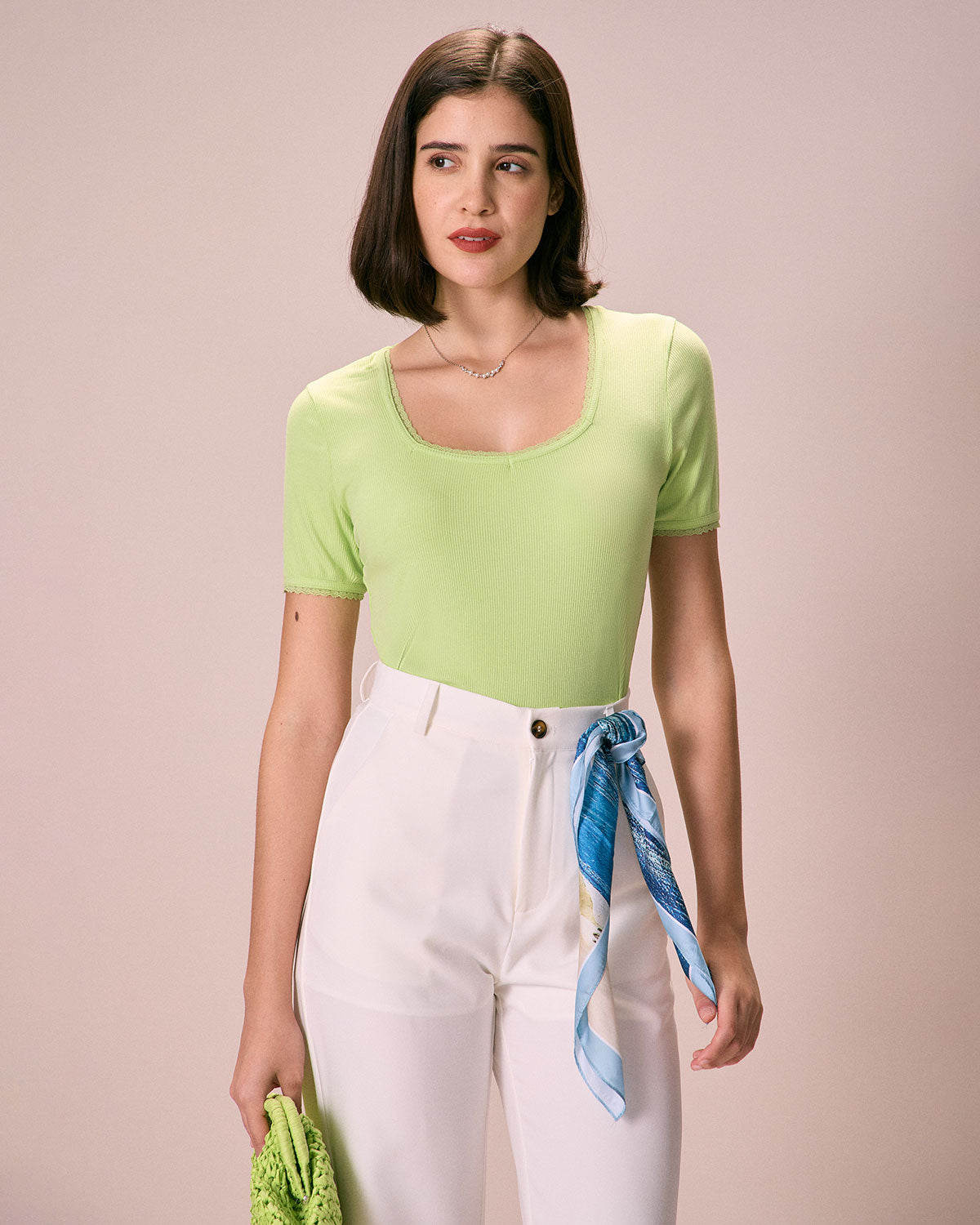 The Green Lace Trim Knit Tee Green Tops - RIHOAS