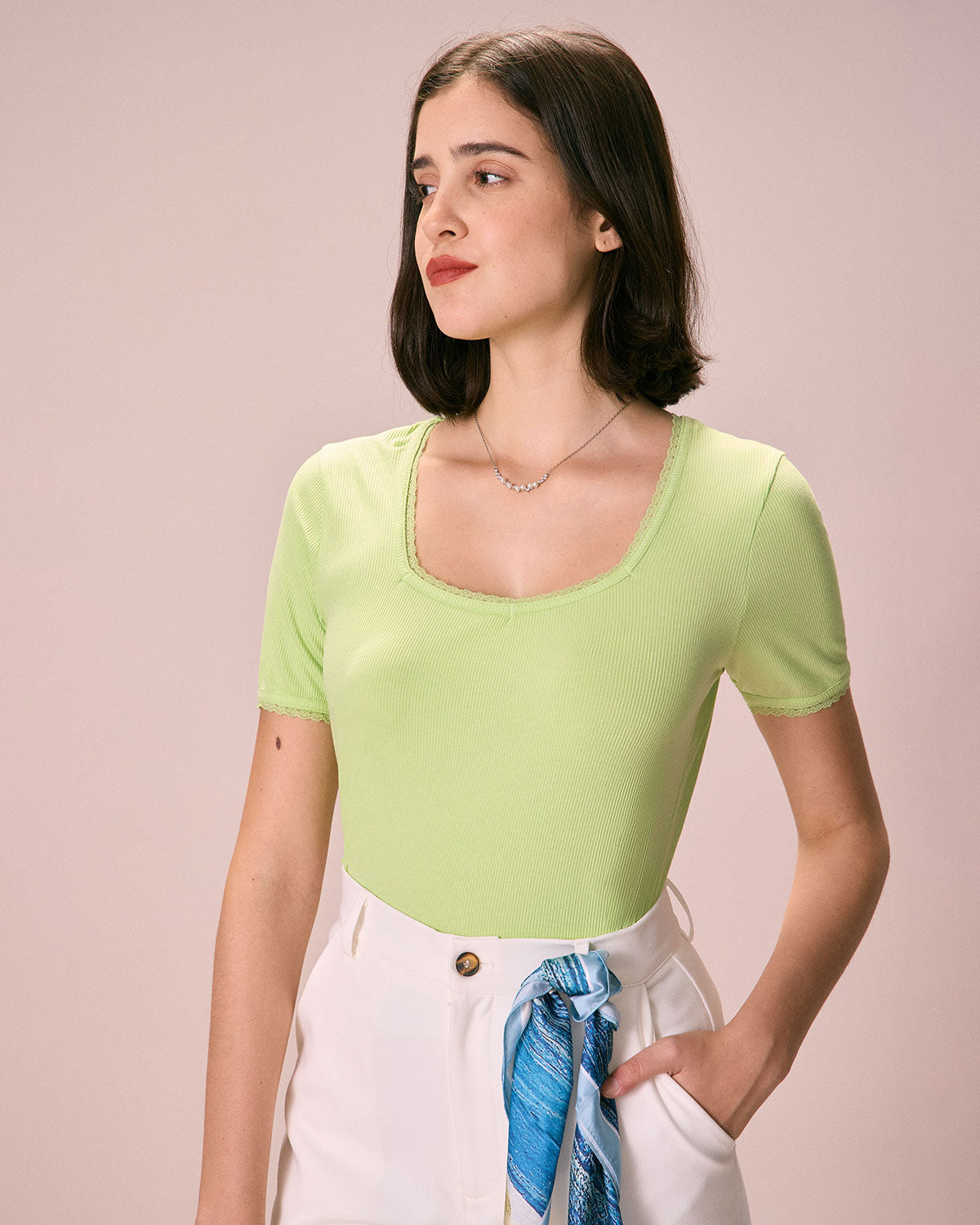 The Green Lace Trim Knit Tee Tops - RIHOAS