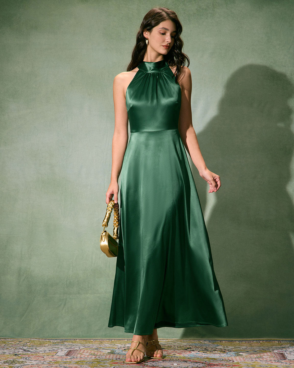 The Green Ruched Satin Maxi Dress Dresses - RIHOAS