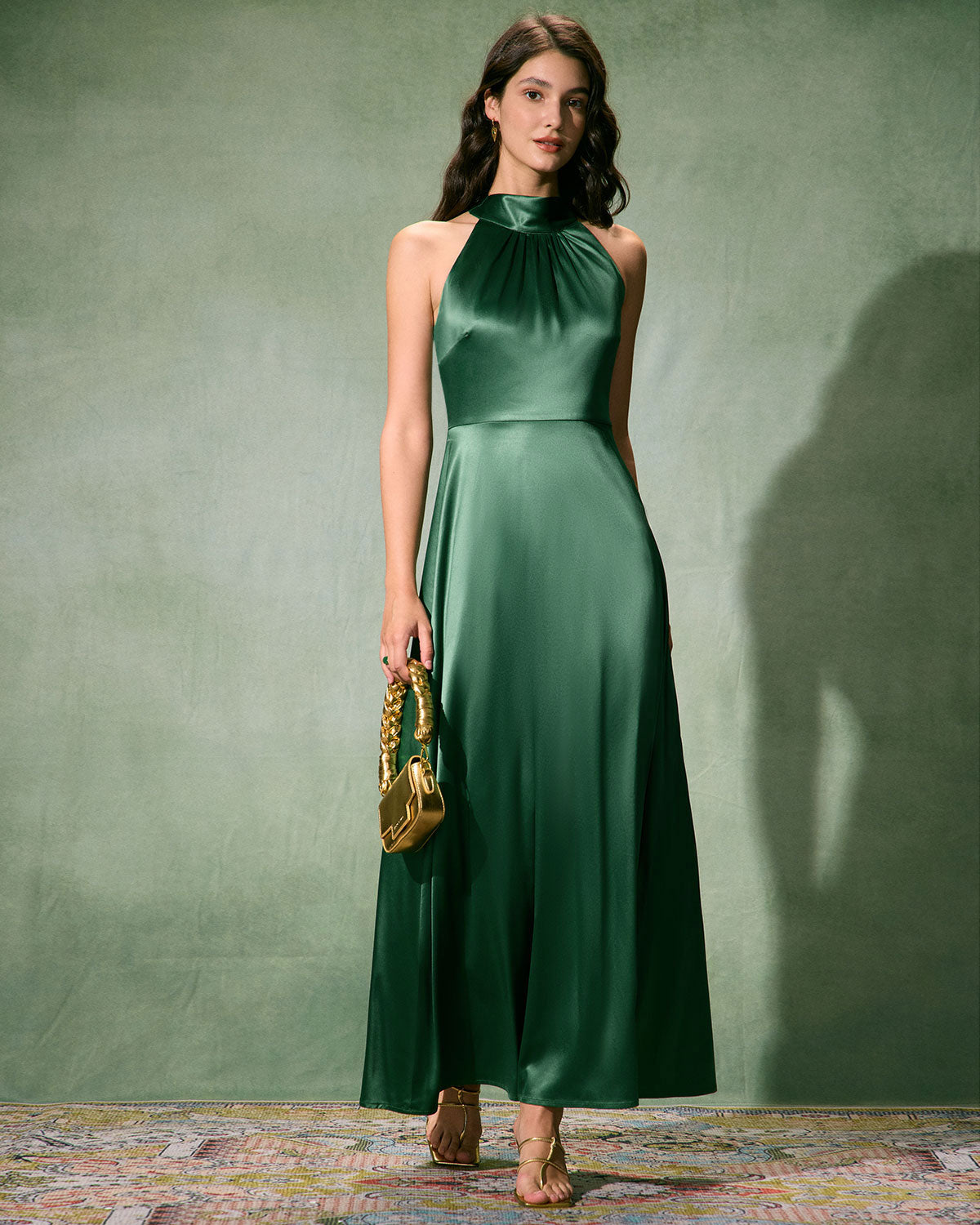 The Green Ruched Satin Maxi Dress Green Dresses - RIHOAS