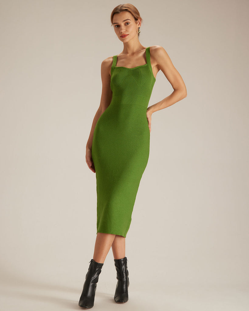 The Green Sweetheart Neck Knit Midi Dress Green Dresses - RIHOAS