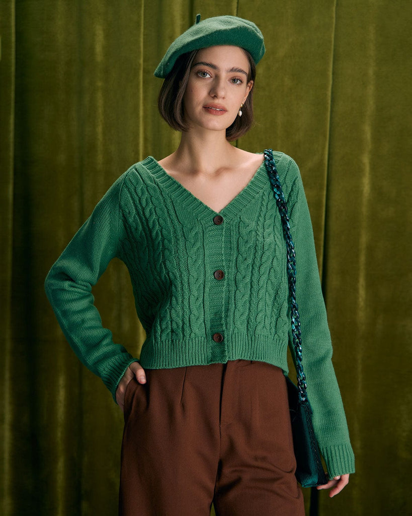 The Green V-Neck Cable Cardigan Green Tops - RIHOAS