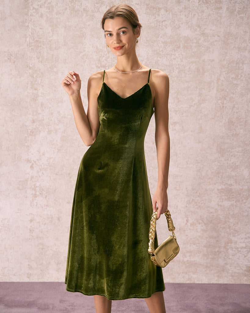 The Green V-Neck Velvet Dress Dresses - RIHOAS