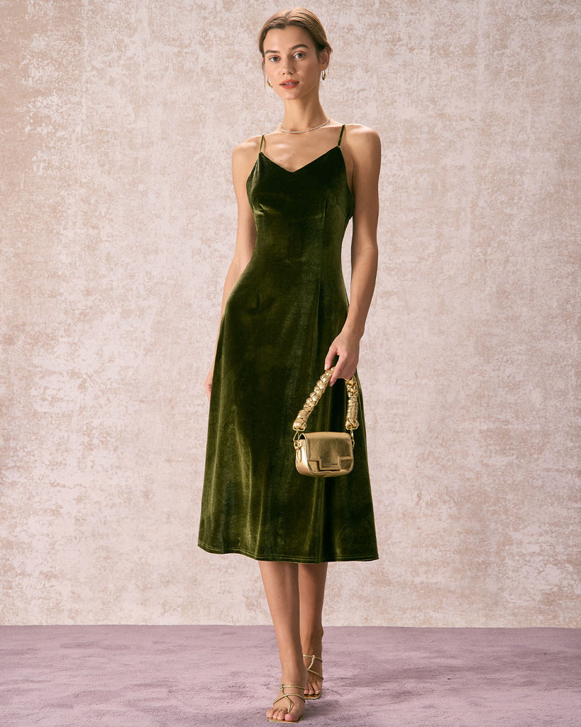 The Green V-Neck Velvet Dress Dresses - RIHOAS