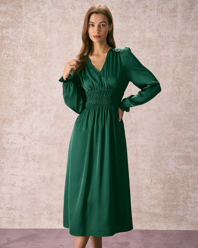 The Green V Neck Satin Midi Dress Green Dresses - RIHOAS