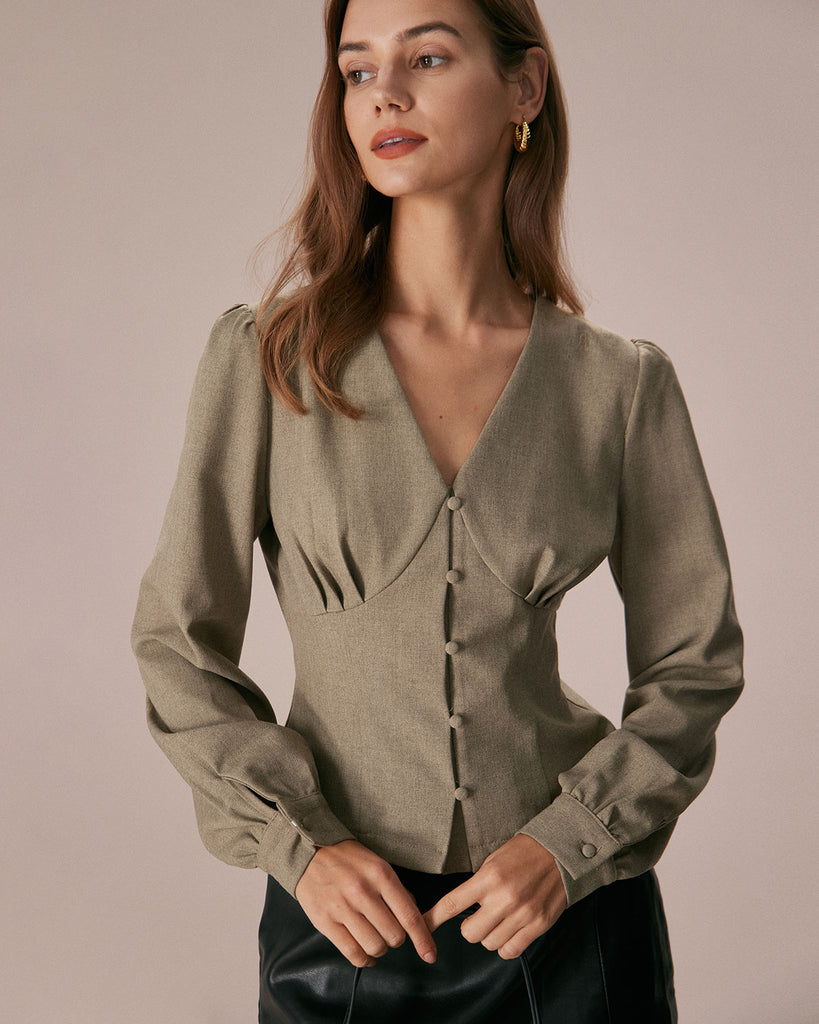 The Green V Neck Solid Button Blouse Green Tops - RIHOAS