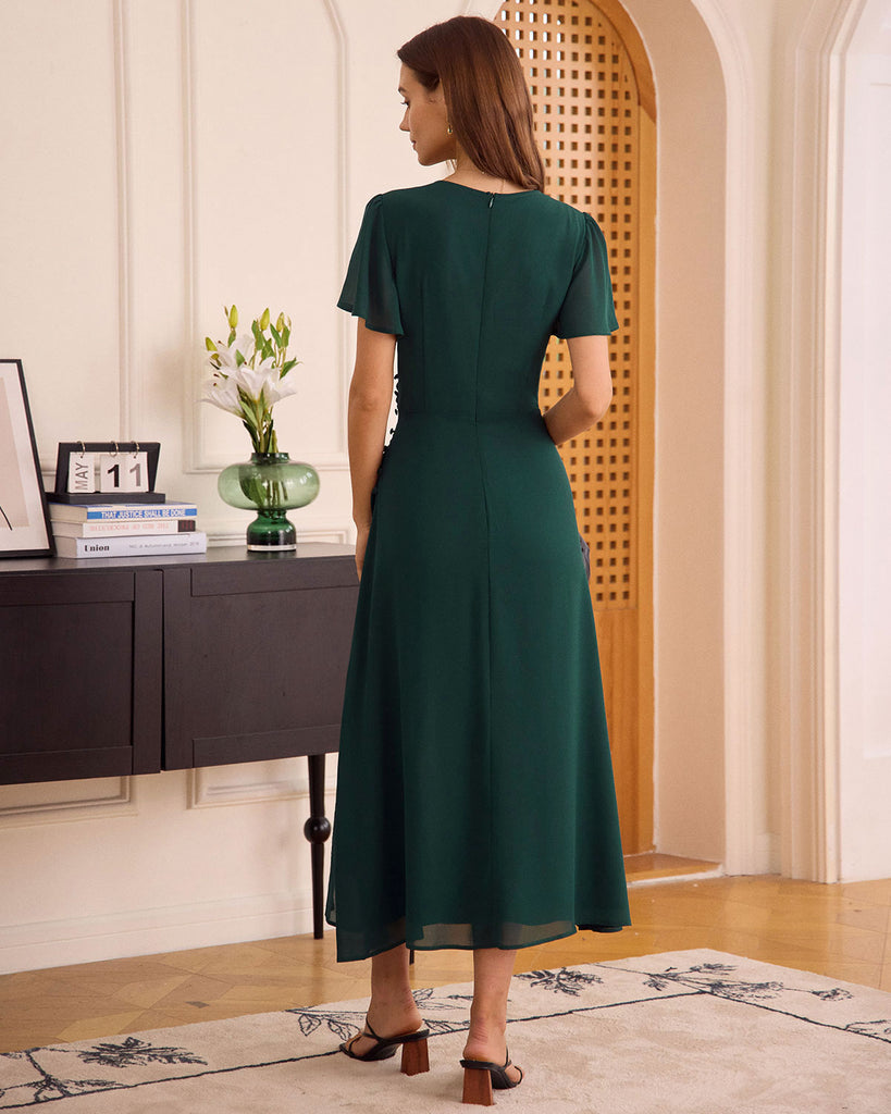 The Green V Neck Wrap Button Maxi Dress Dresses - RIHOAS