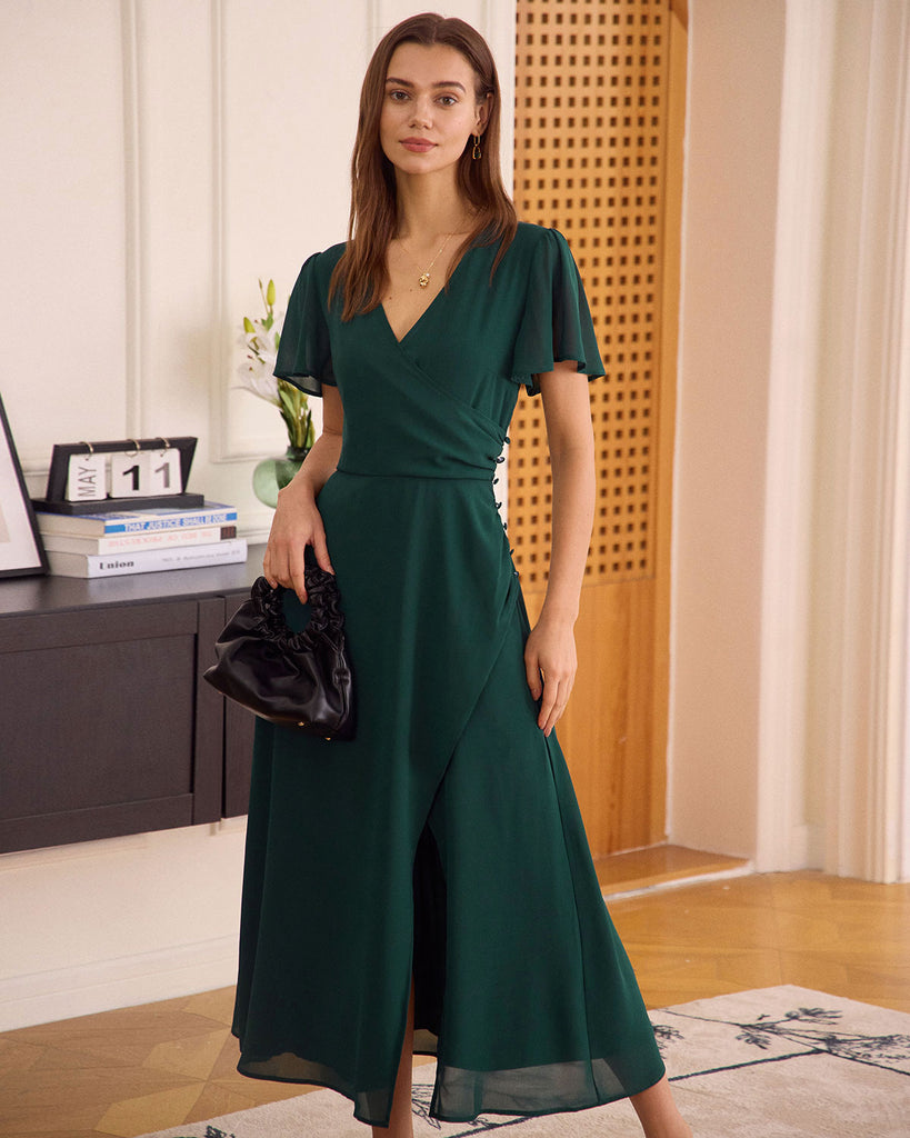 The Green V Neck Wrap Button Maxi Dress Dresses - RIHOAS