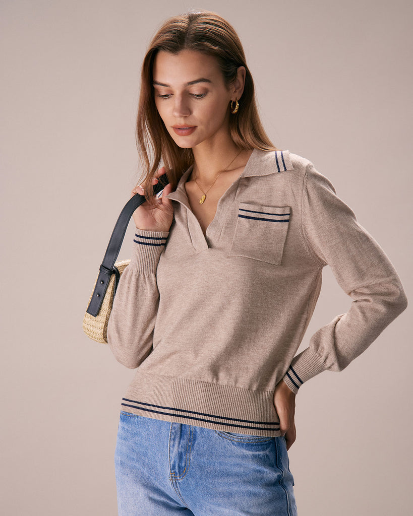 The Khaki Collared Contrasting Knit Top Tops - RIHOAS