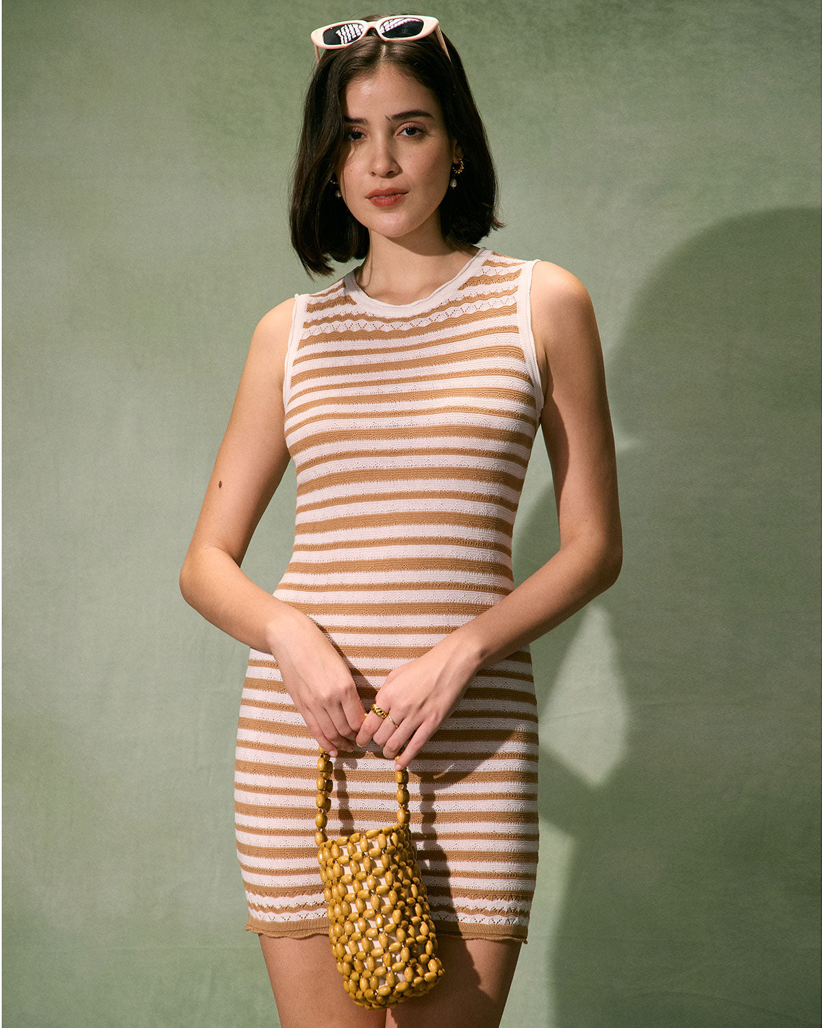 The Khaki Round Neck Striped Mini Dress Dresses - RIHOAS