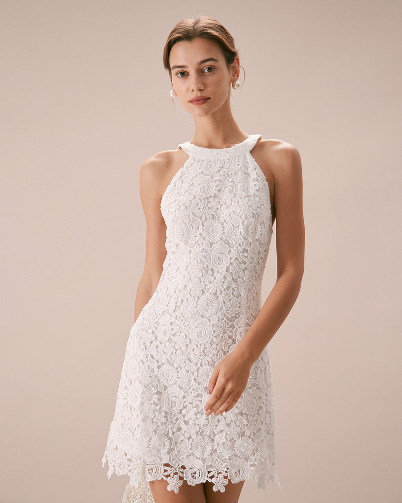 The Lace Halter Mini Dress White Dresses - RIHOAS