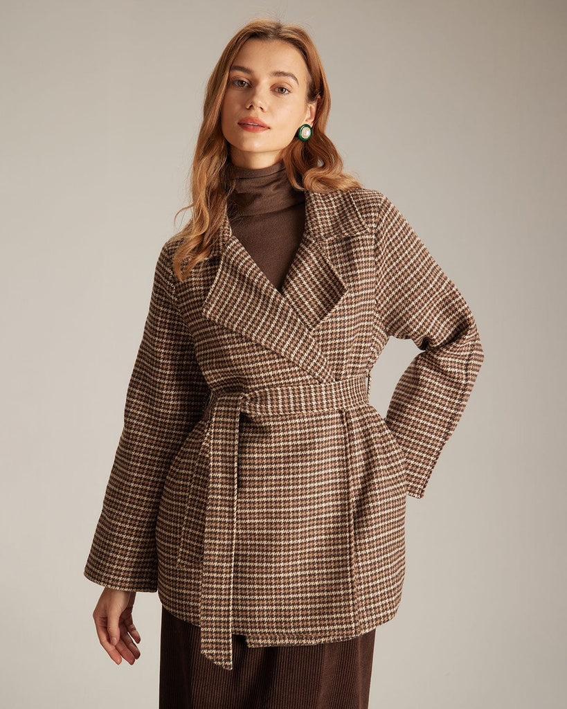 The Lapel Plaid Lace-Up Coat Khaki Outerwear - RIHOAS
