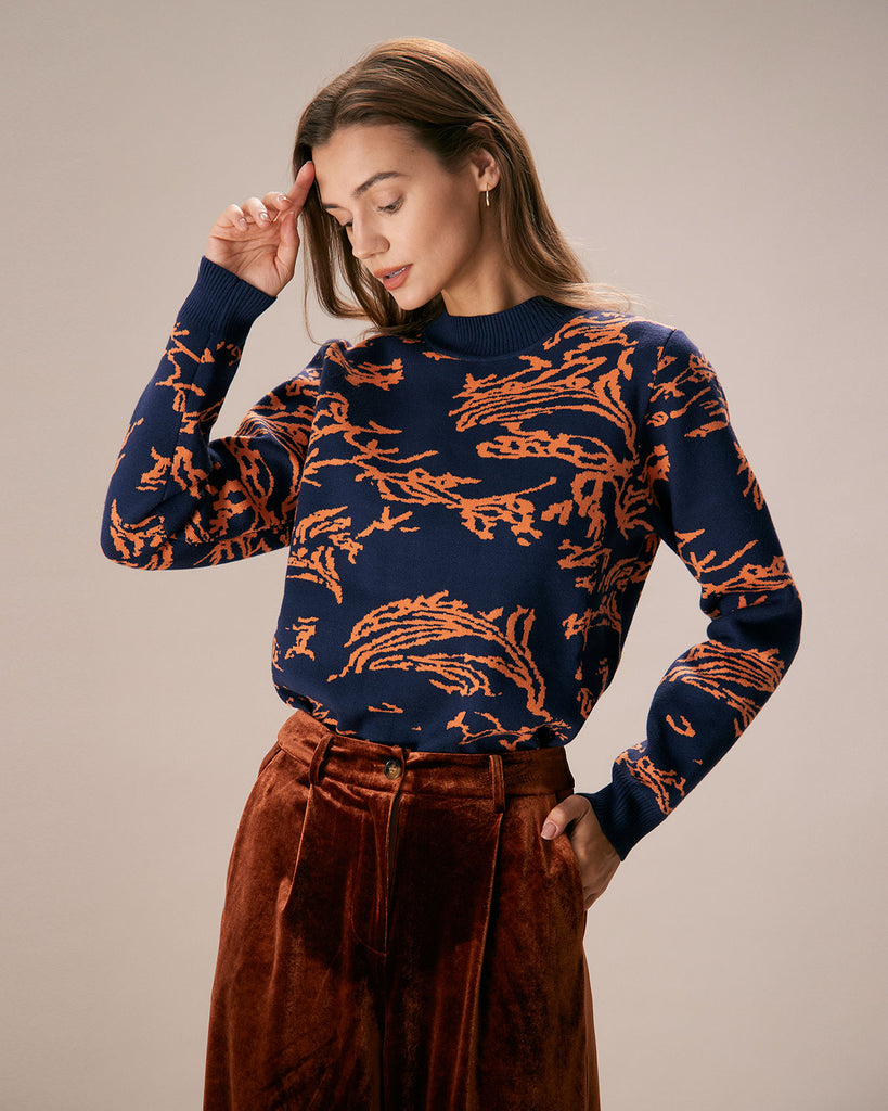 The Navy Mock Neck Abstract Print Sweater Tops - RIHOAS