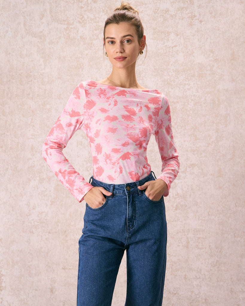 The Pink Boat Neck Floral Tee Tops - RIHOAS