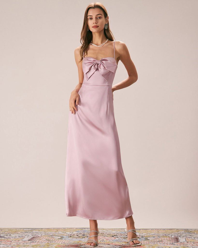The Pink Bowknot Satin Maxi Dress Pink Dresses - RIHOAS