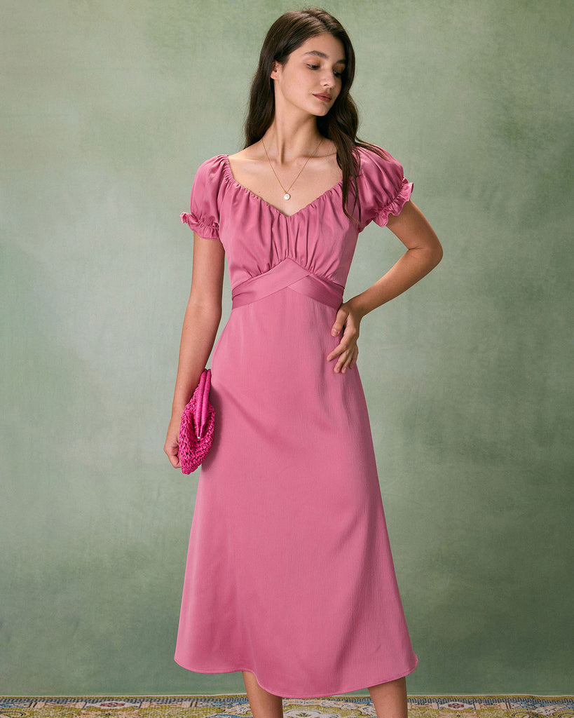 The Pink Ruched Satin Midi Dress Pink Dresses - RIHOAS
