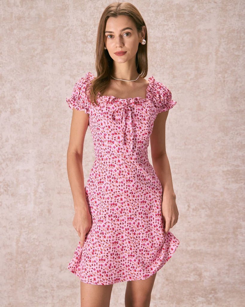The Pink Square Neck Floral Mini Dress Pink Dresses - RIHOAS