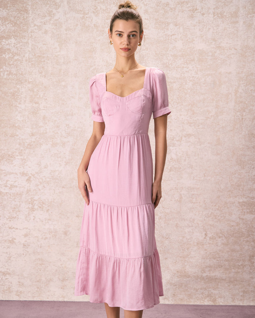 The Pink Sweetheart Neck Midi Dress Pink Dresses - RIHOAS